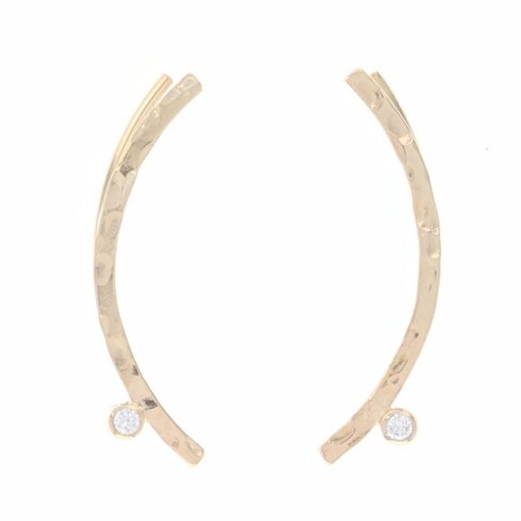 Yellow Gold Diamond Crescent Ear Climber Earrings 14k Round Cut Curved Hammered - Picture 1 of 4